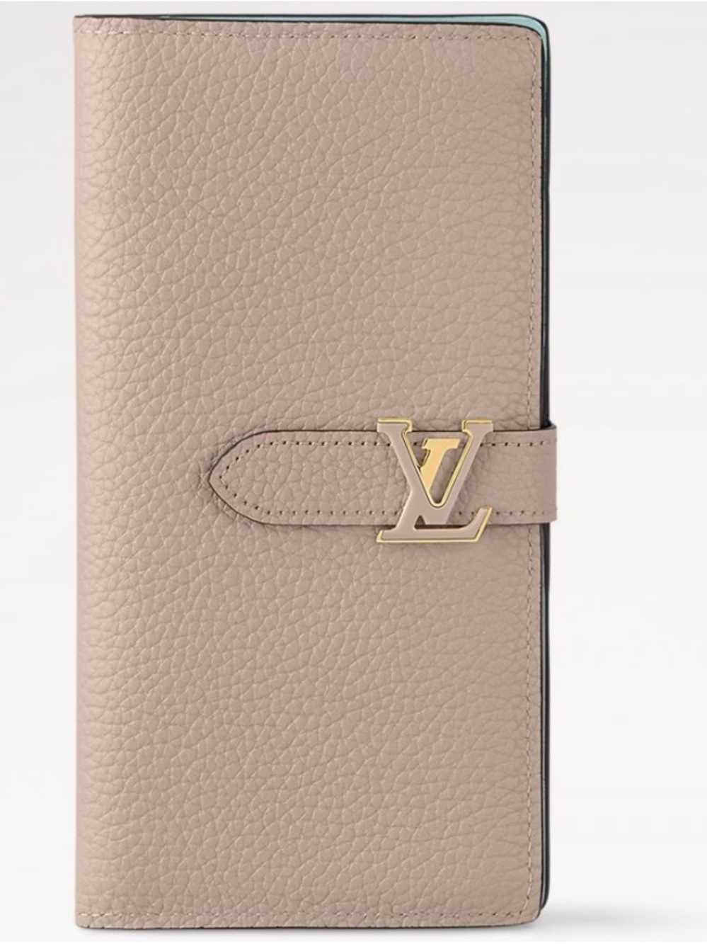 Louis Vuitton Taupe Grained Leather Long Wallet with Gold LV Clasp